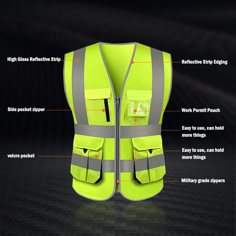 High Visibility Zippered Safety Reflective Vest with Reflective Tape