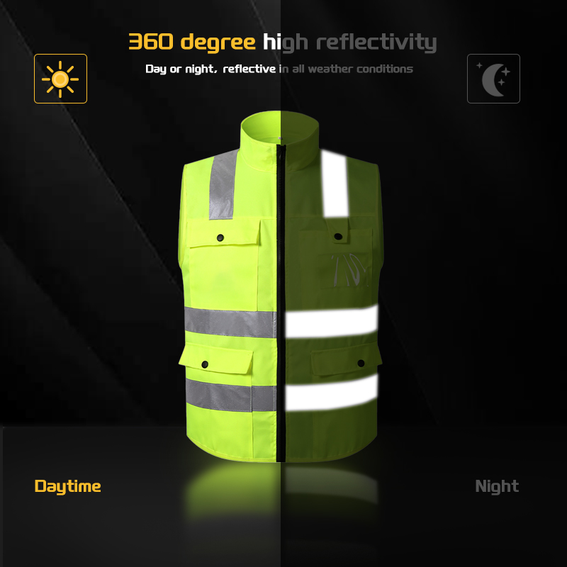 Full Zipper High Visibility Safety Vest with Collar and Pockets