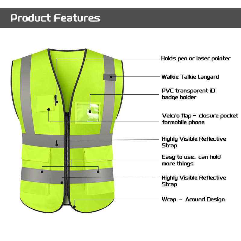 Fluorescent Green High Visibility Safety Vest with Multiple Pockets